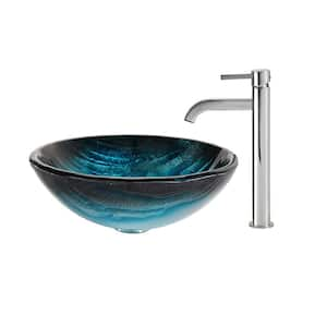 Natura 17 in. Round Vessel Bathroom Sink in Blue Glass with Ramus Faucet in Chrome