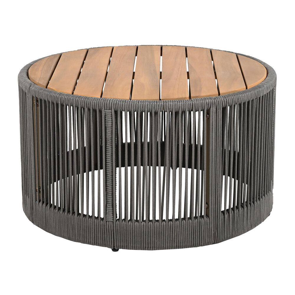 26 in. Gray Round Outdoor Rattan Acacia Wood Coffee Table for Garden
