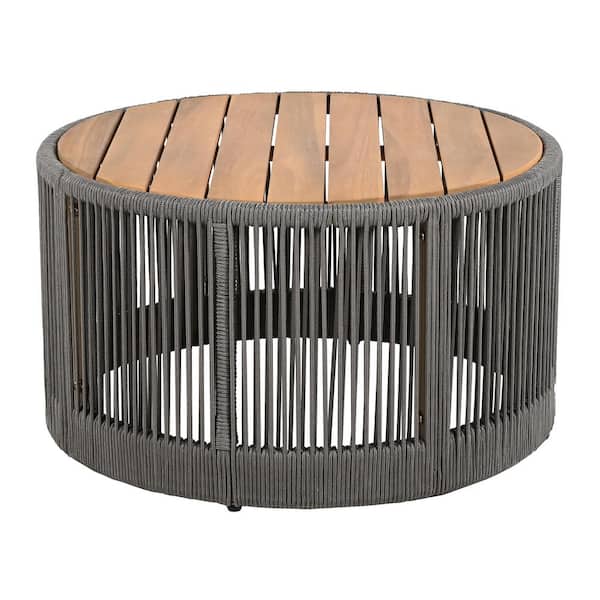 26 in. Gray Round Outdoor Rattan Acacia Wood Coffee Table for Garden