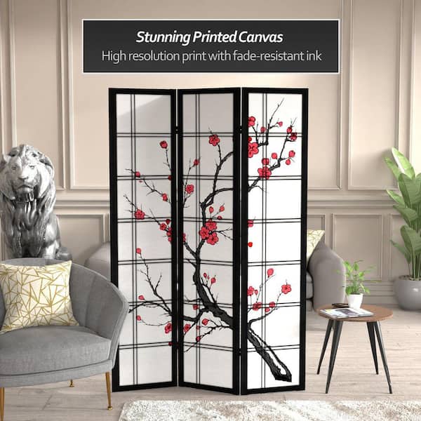 RED LANTERN 6 ft. Black Canvas Cherry Blossom 3-Panel Room Divider