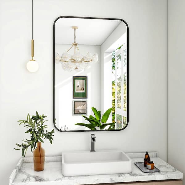 GLSLAND 24 in. W x 36 in. H Rectangular Metal Framed Wall Bathroom Vanity Mirror Black