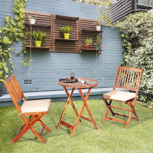 Unbranded Natural 3-Piece Wood Outdoor Bistro Set with Beige Cushion for Garden Yard