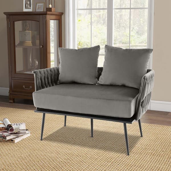 Costway Modern 43 in. Straight Arms Upholstered Dutch Velvet Rectangle Couch Loveseat Sofa with Woven Back in. Gray