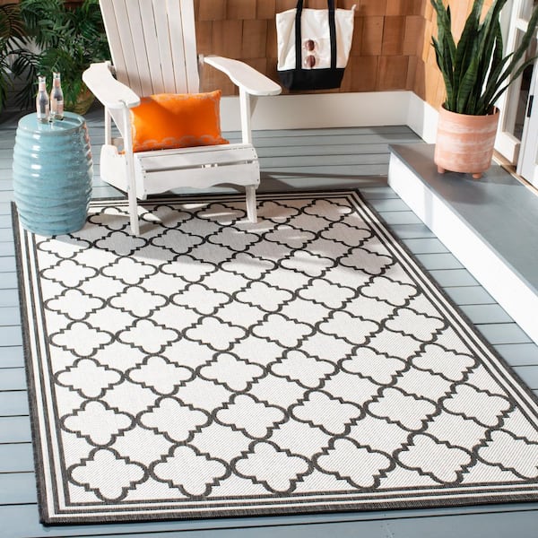 Beach House Light Gray/Charcoal 4 ft. x 4 ft. Border Trellis Indoor/Outdoor Patio  Square Area Rug