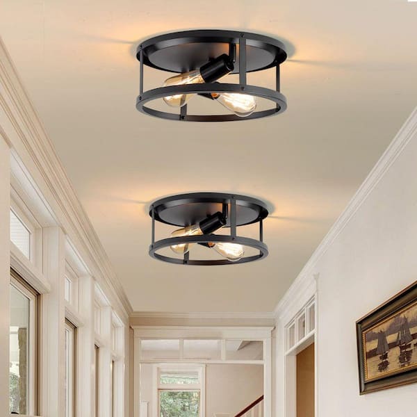 12.7 in. 2-light Black Farmhouse Flush Mount Ceiling Light Fixtures for Hallway Bedroom Balcony Porch Stairway(2-Pack)