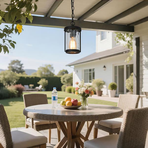 Modern Cylinder Outdoor Porch Pendant Light 1-Light Matte Black Farmhouse Patio Hanging Light with Water Glass Shade