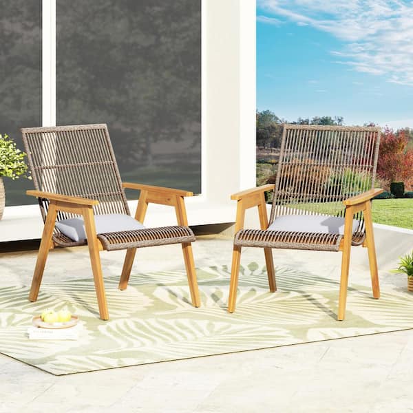 Unbranded (Set of 2) Ergonomic Design Acacia Wood and Wicker Lounge Chair with Gray Pillow for Patio Deck Yard Seating Teak Finish