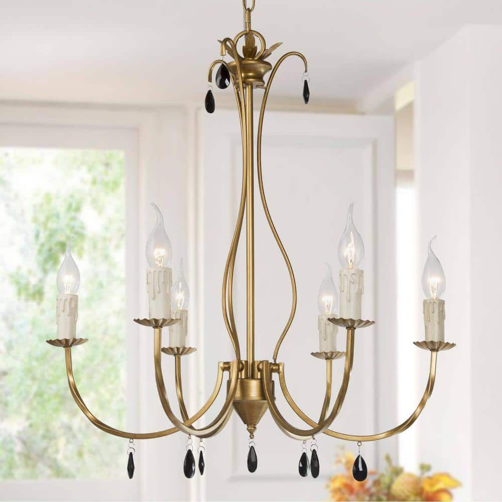 LNC 6-Light Brushed Vintage Gold Candlestick Chandelier with Black Crystal Drops White Candle Cover for Living Dining Room