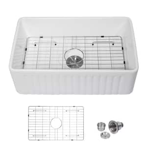 30 in. x 18 in. Glossy White Single Bowl Ceramic Farmhouse Undermount Kitchen Sink with Bottom Grids