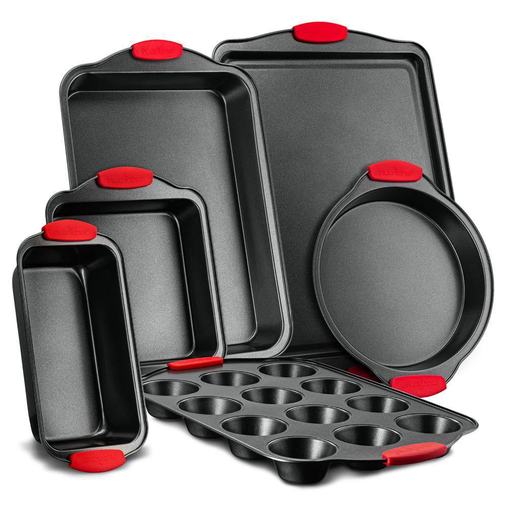 NutriChef 6-Piece Nonstick Carbon Steel Bakeware Set with Red Silicone Handles