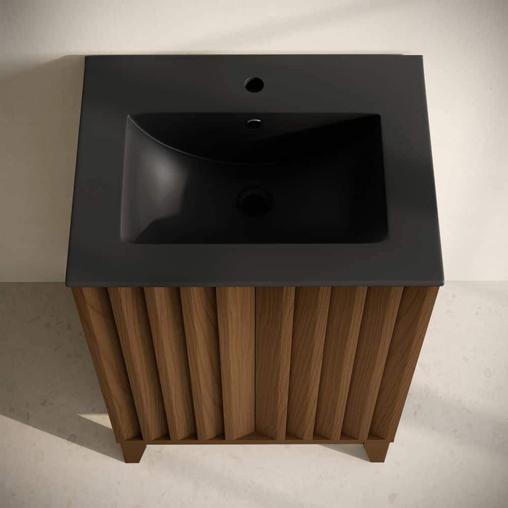 Troyes 24" Brown Oak Freestanding Vanity with Matte Black Sink Top