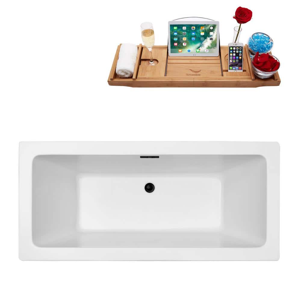 60" Glossy White Acrylic Freestanding Bathtub with Bamboo Tray