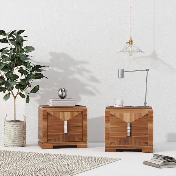 Orlina Mid-Century Modern Light Brown 2-Drawers 24 in. W Nightstand, Wood Diamond Shaped Bedside Table, Set of 2