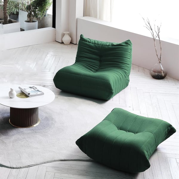 Magic Home 2-Piece Anti-Skip Bean Bag Teddy Velvet Top Thick Seat Living Room Lazy Sofa in Green (1-Seater plus Ottoman)
