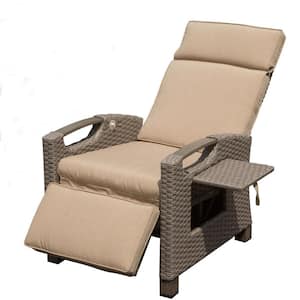 Metal and Wicker Outdoor Recliner Chair with 6.8 in. Thickness Beige Cushion, Flip Table Push Back, Adjustable Angle