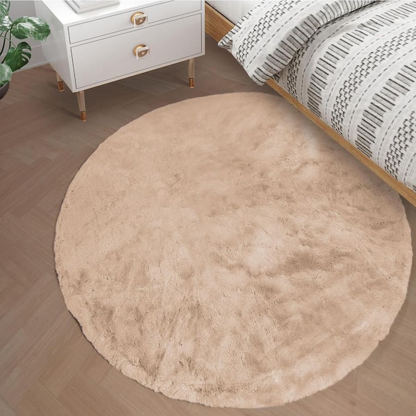 Light Brown 4 ft. x 4 ft. Circle Rug Fluffy Faux Fur Rug Plush Fuzzy Rug Round Area Rug