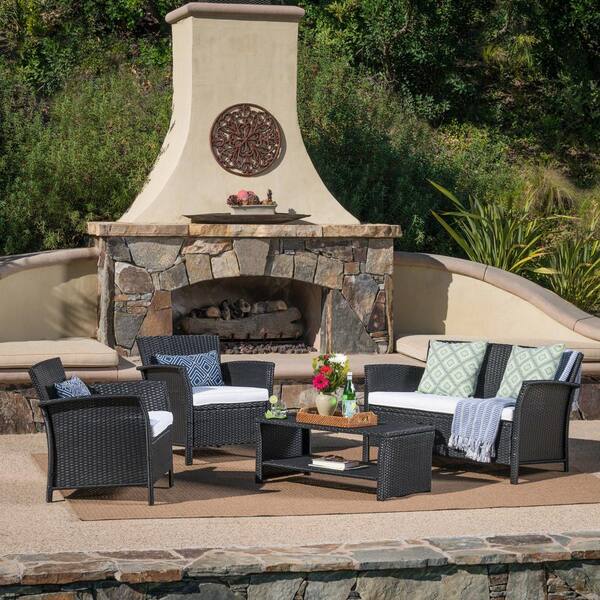 Noble House 4-Piece Faux Rattan Outdoor Patio Conversation Set with White Seat Cushions