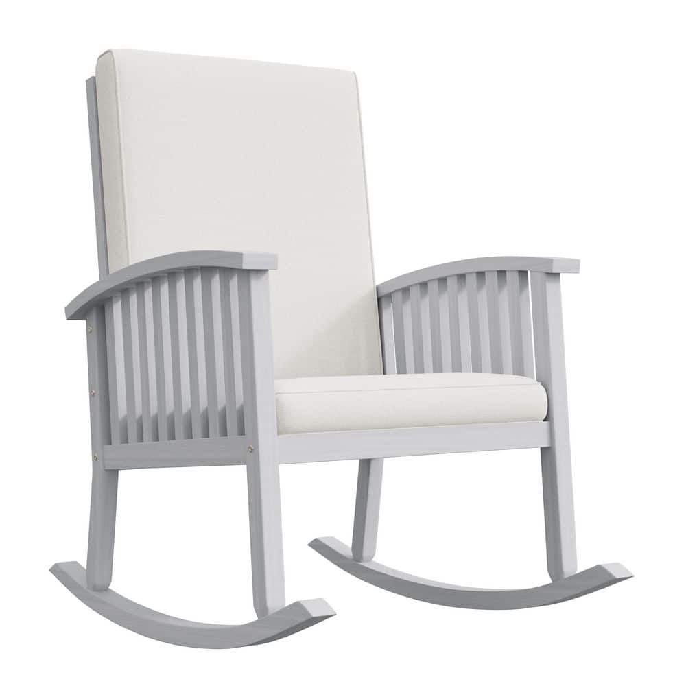 Ivory White Acacia Wood Outdoor Rocking Chair with Padded High Back & Beige Cushions for Patio Porch Backyard Relaxation price history on PriceWatchPro