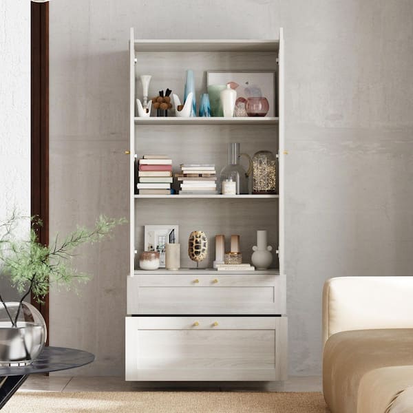 Modern Style Gray Wood Grain 70.9 in. H Accent Storage Cabinet with Adjustable Shelves, Frosted Glass Doors