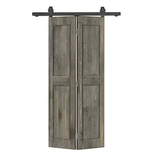 26 in. x 80 in. 2-Panel Shaker Hollow Core Weather Gray Pine Wood Bi-fold Door with Sliding Barn Door Hardware Kit