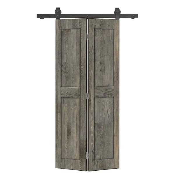 CALHOME 28 in. x 80 in. 2-Panel Shaker Hollow Core Weather Gray Pine Wood Bi-fold Door with Sliding Barn Door Hardware Kit