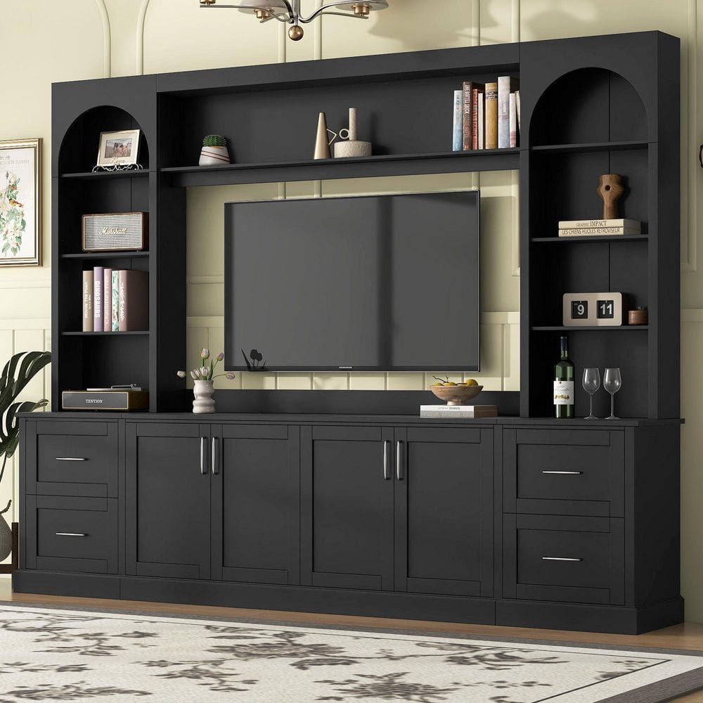 Black Modern Arched Entertainment Center Fits TV's up to 65 in. TV Stand with Drawers and Adjustable Shelves