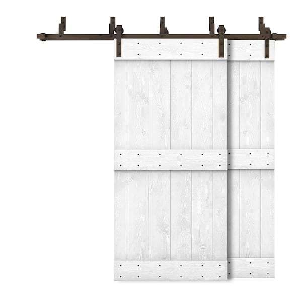 CALHOME 64 in. x 84 in. Mid-Bar Bypass White Stained DIY Solid Wood Interior Double Sliding Barn Door with Hardware Kit