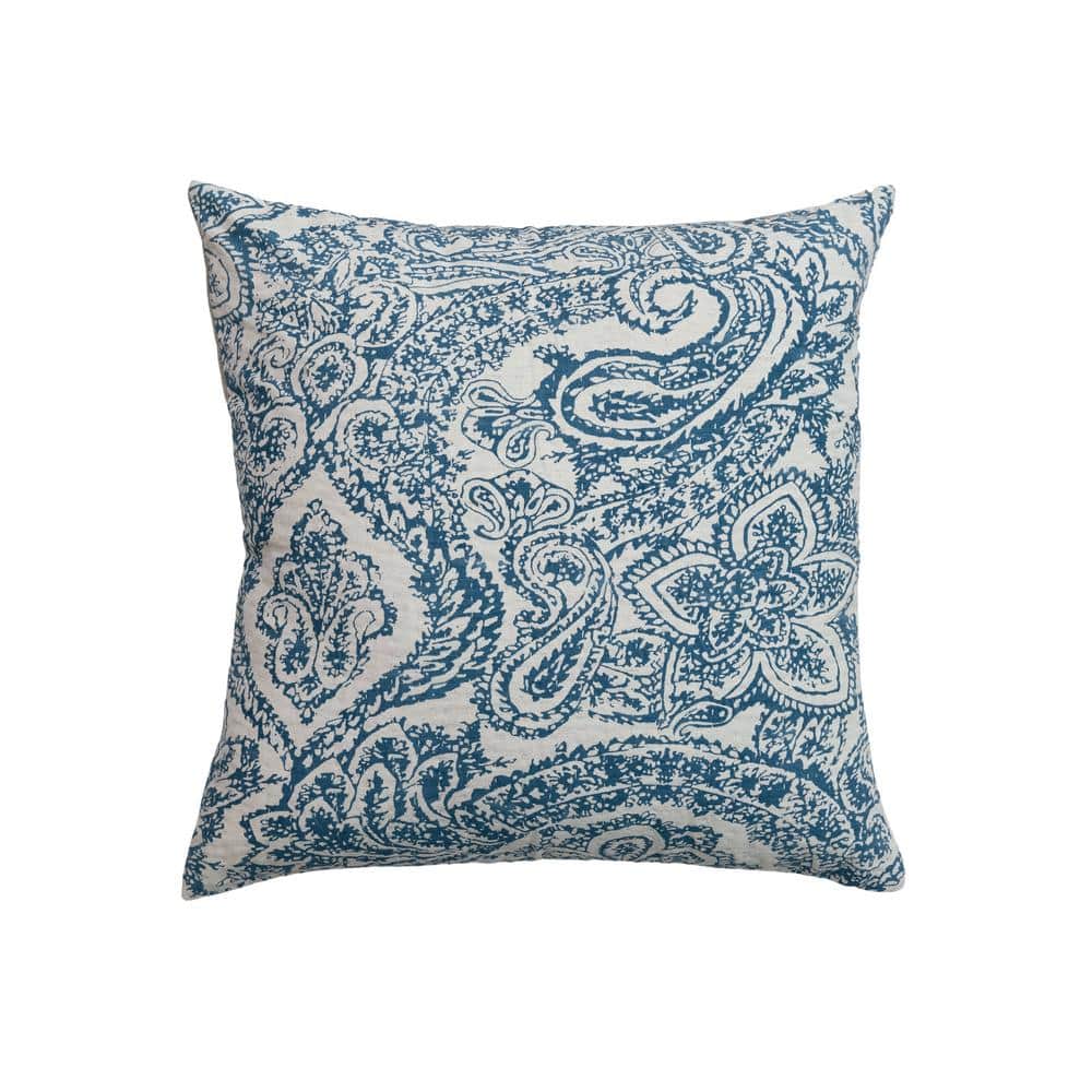 Blue Patterned Cotton and Linen Square Throw Pillow