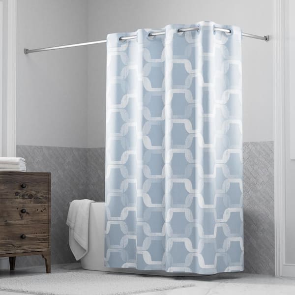 Hookless Faux Silk Shower Curtain with Flex-on Rings and It's a Snap! Fabric Liner, 71" W x 74" L, Geo Ombre, Blue