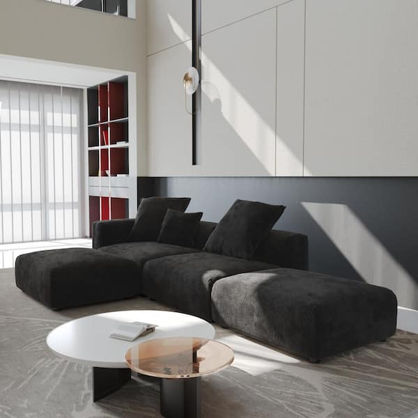129.92 in. Square Arm Corduroy Velvet 4-Pieces Modular Free Combination Sectional Sofa with Ottoman in. Black