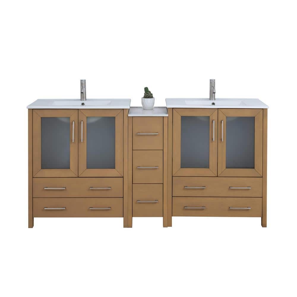 Natural Oak Double Bathroom Vanity with Ceramic Top and Mirror