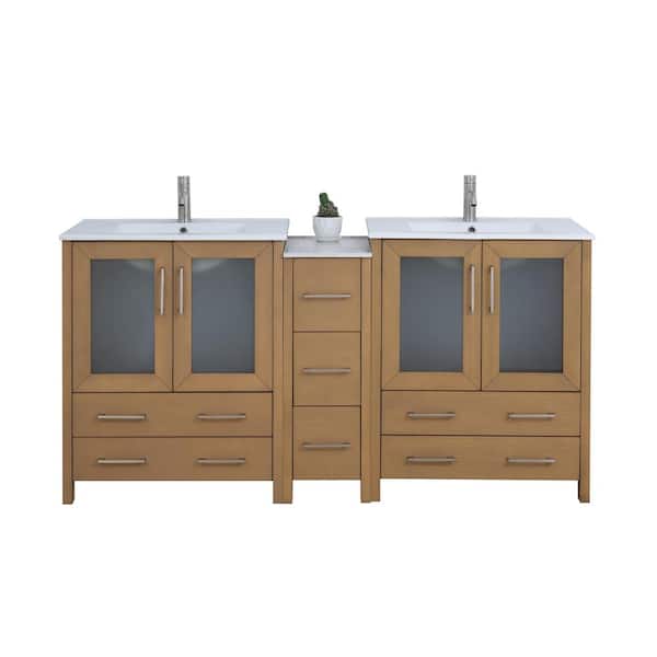 72 in. W x 18 in. D x 36 in. H Natural Oak Bath Vanity with White Ceramic Top and Mirror