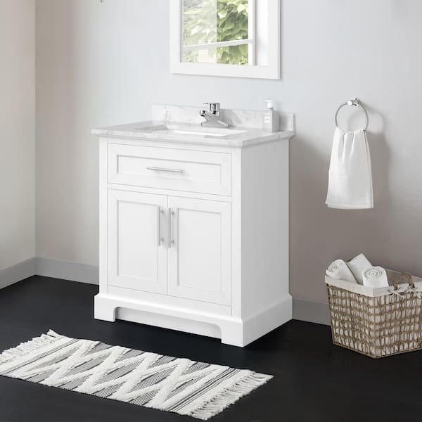 Doveton 30 in. W x 19 in. D x 34 in. H Single Sink Bath Vanity in White  with White Engineered Marble Top