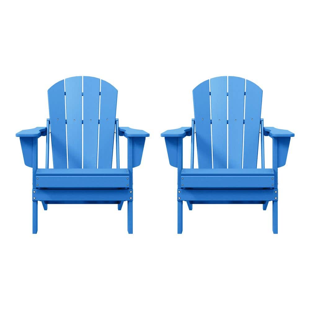 Pacific Blue Folding Poly Adirondack Chair Set with Square Arms