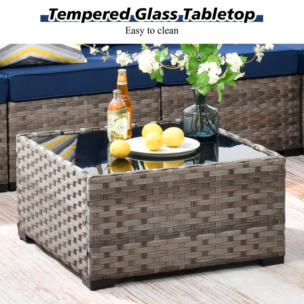 Gray 8-Piece Wicker Outdoor Sofa Set with Navy Cushions