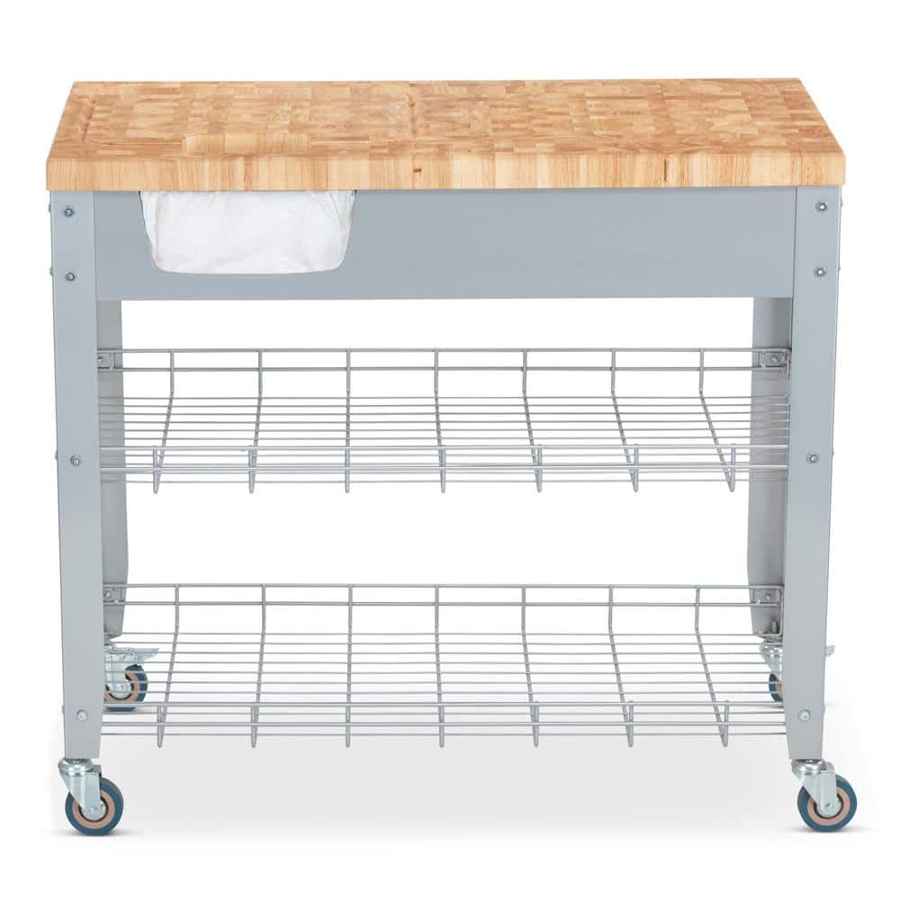 Natural Wood and Metal Kitchen Cart with Spice Rack