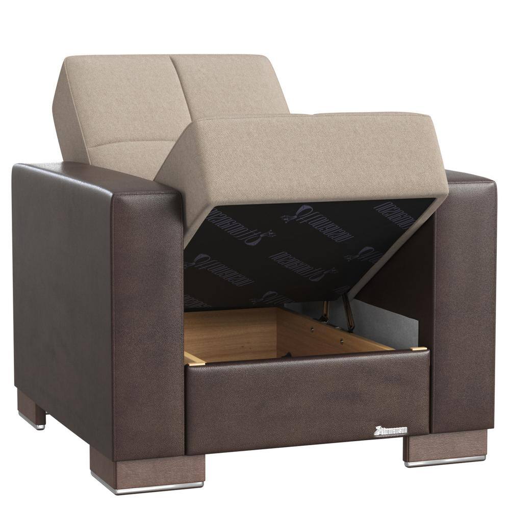 Sand and Brown Chenille Upholstered Accent Chair with Storage