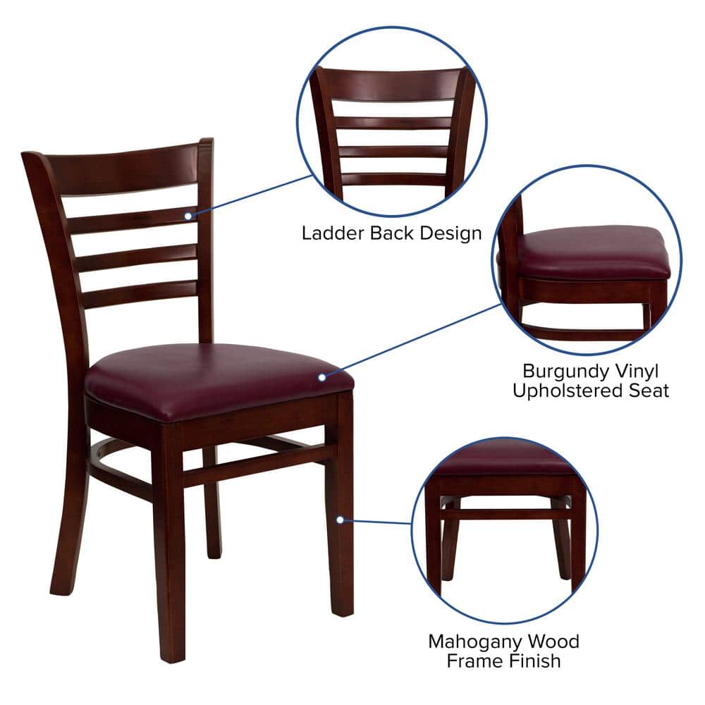 Elegant Mahogany Wood Ladderback Side Chair with Burgundy Vinyl Seat