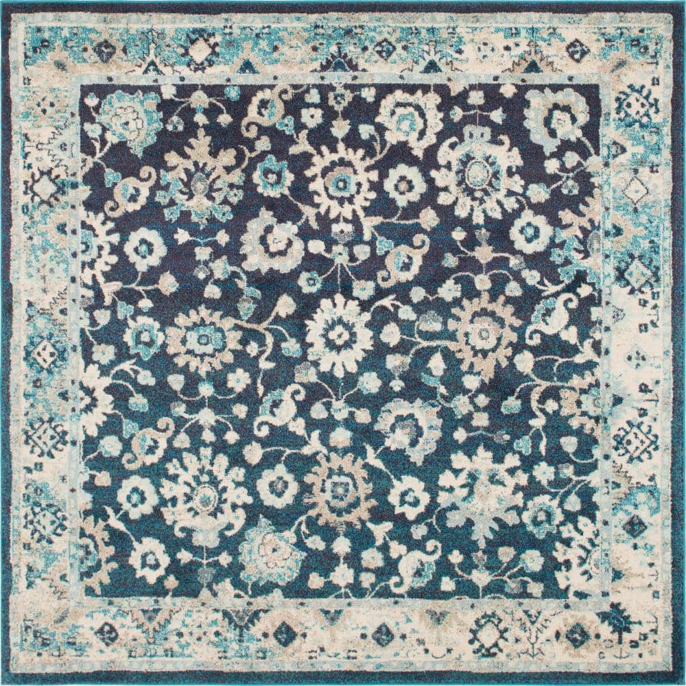 Navy Blue Square Floral Synthetic Easy Care Rug