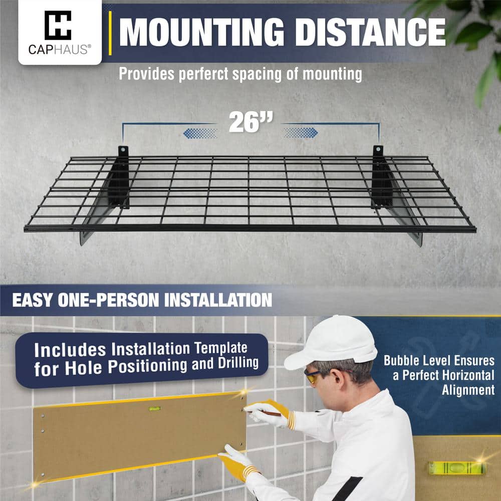 Black Metal Wall Mounted Garage Shelves with Hooks, 36" x 18"