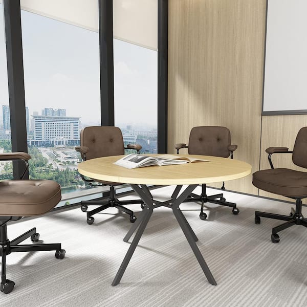 FUFU&GAGA Brown Wood 46.9 in. W Metal Trestle Dining Table, Round Meeting Table for 4-Seat at Least