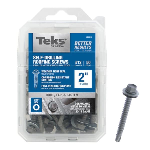 Teks #12 x 2 in. External Hex Metallic Steel Washer Head Drill Point Roofing Screws (50-Pack)