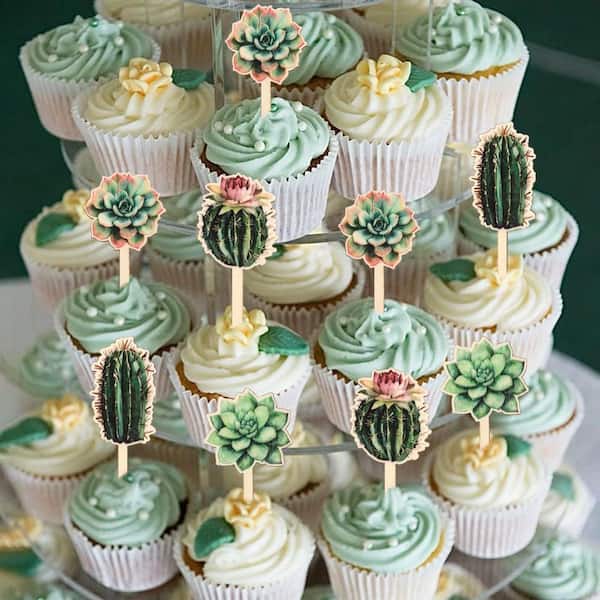 Afoxsos 16-Pieces Artificial Succulent Cupcake Toppers Green Indoor Decorative Plant Picks for Birthday Party Cake Decor