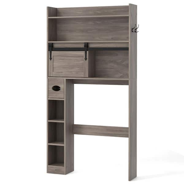 32 in. W x 62 in. H x 7.5 in. D Gray Over The Toilet Storage with Sliding Barn Door and Adjustable Shelves