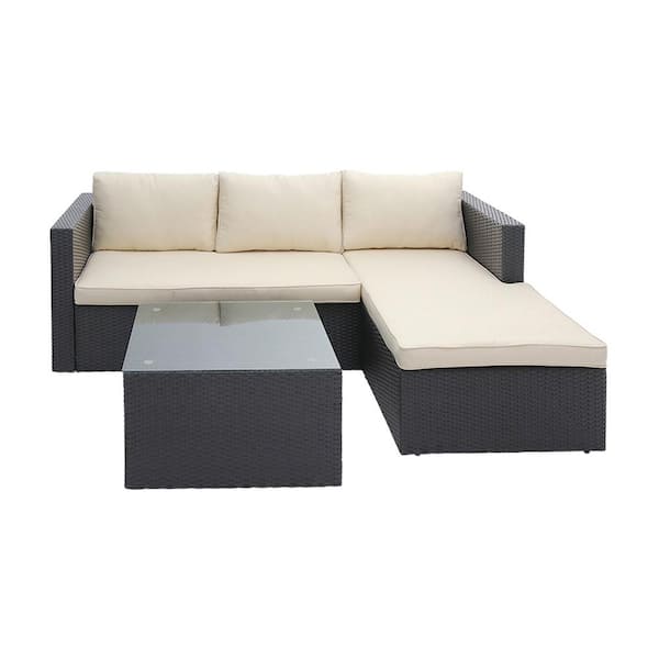 Maypex Black 3-Piece Wicker Outdoor Sectional Sofa Set with Beige