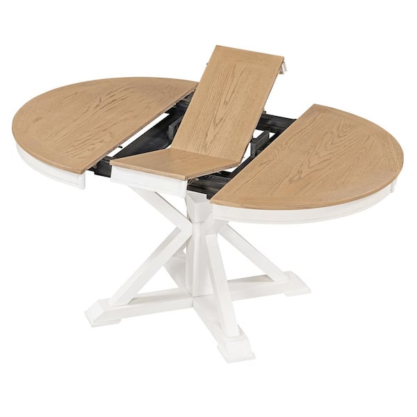 Harper & Bright Designs Functional Oak Natural and Off White Wood 42 in. Cross Legs Extendable Dining Table Seats 6 with 12 in. Butterfly Leaf