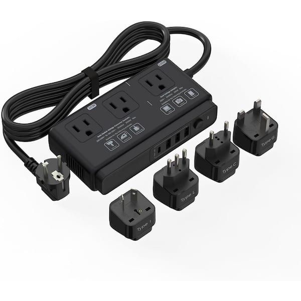 220V to 110V Converter Travel Voltage Adapter 4 USB Ports 3 AC Outlet Universal EU UK AU IT Plug Black