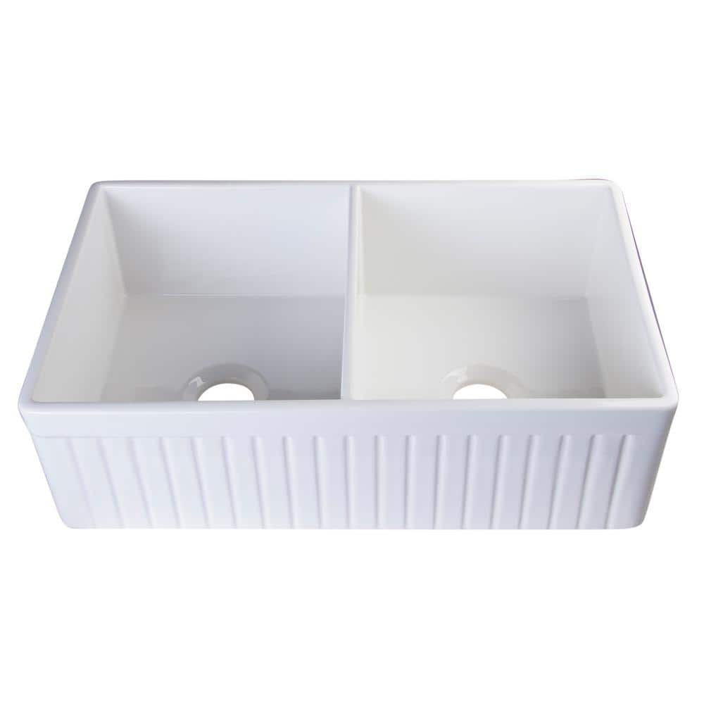 White 32.75'' Double Bowl Fluted Fireclay Farmhouse Sink