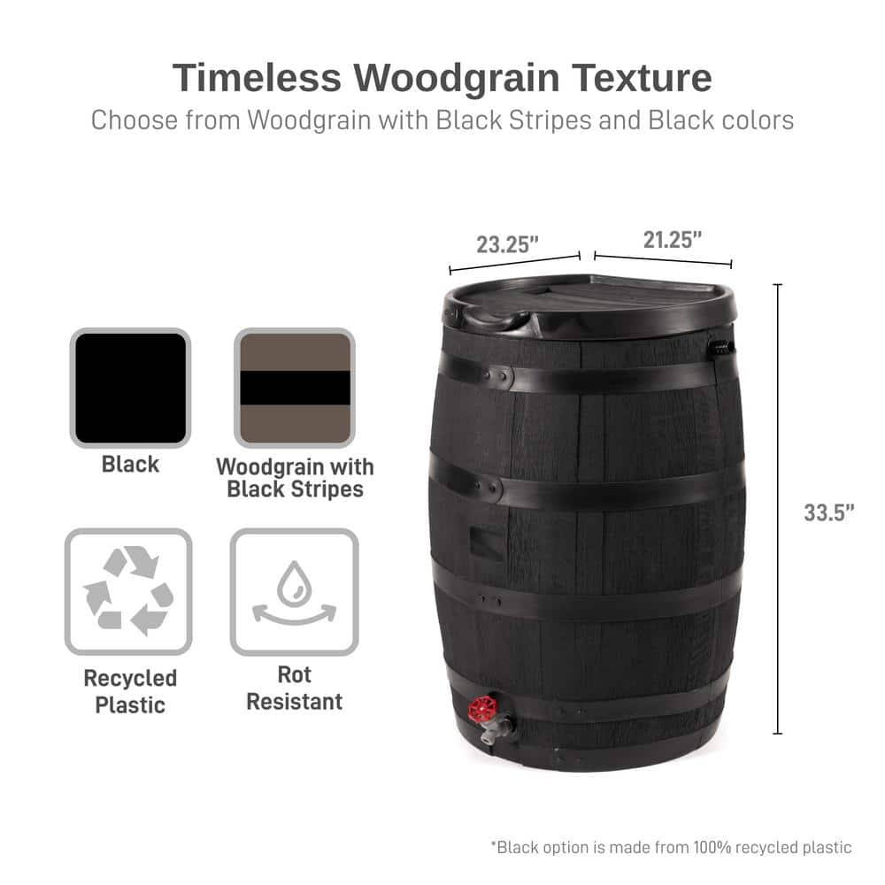 Black 55 Gallon Polyethylene Flat Back Rain Barrel with Lid