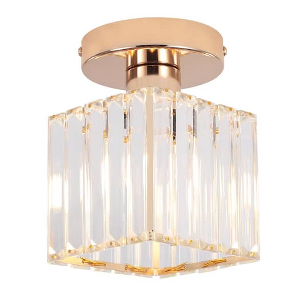 5.11 in. 1-Light Gold Crystal Semi Flush Mount with Clear Glass Shade and No Bulbs Included